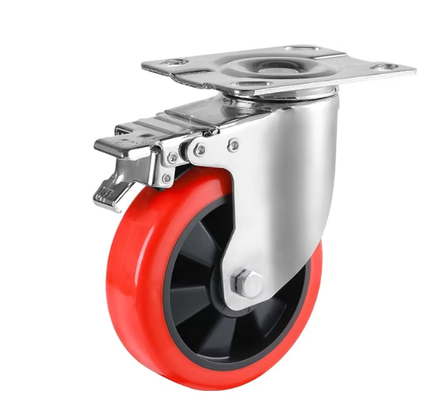 5 Inch Medium Flat Casters Material Handing Equipment Medium Duty Red Swivel Brake Caster Wheel